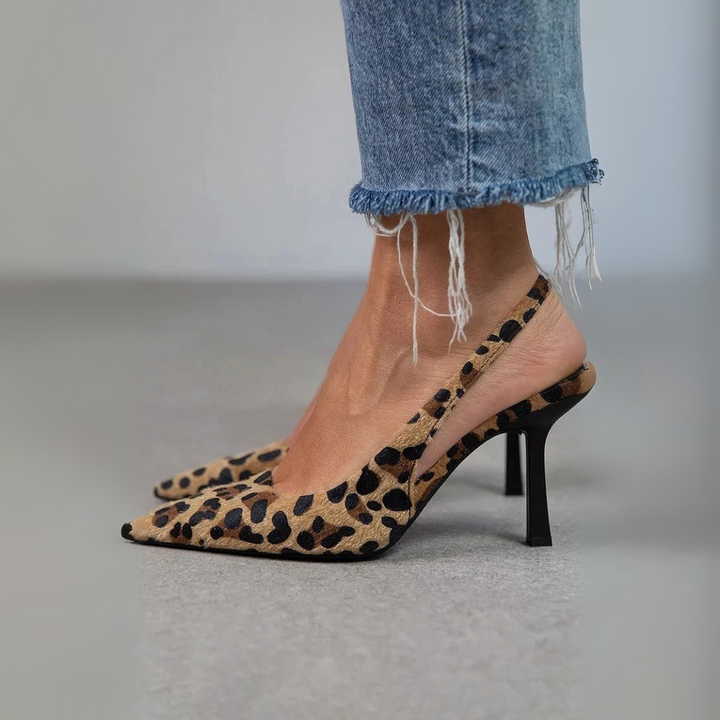 Seda - Scarpe con tacco a spillo color cachi con punta affusolata e stampa leopardata