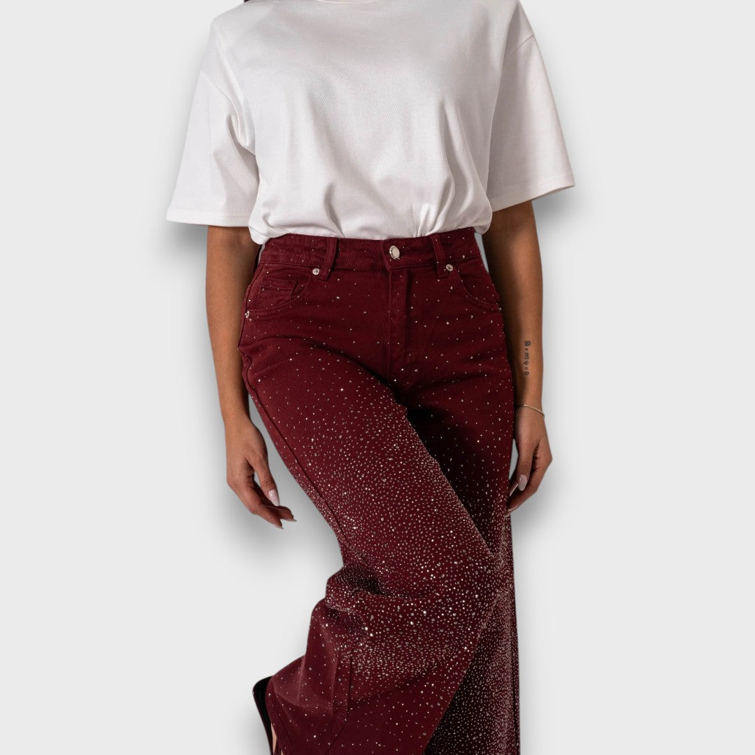 Marvie – Jeans a gamba larga con strass in Bordeaux
